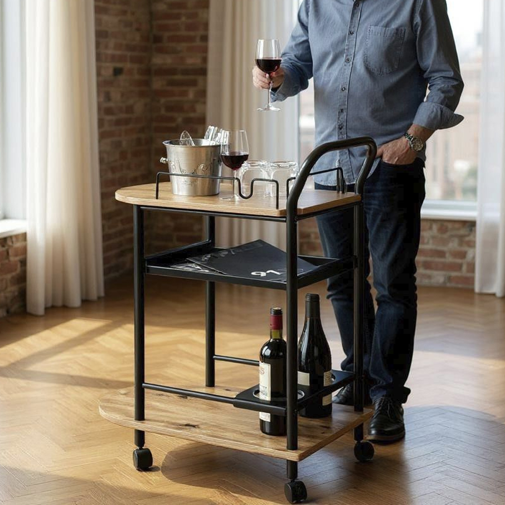 Solna Wooden Drinks Serving Trolley In Oak And Black