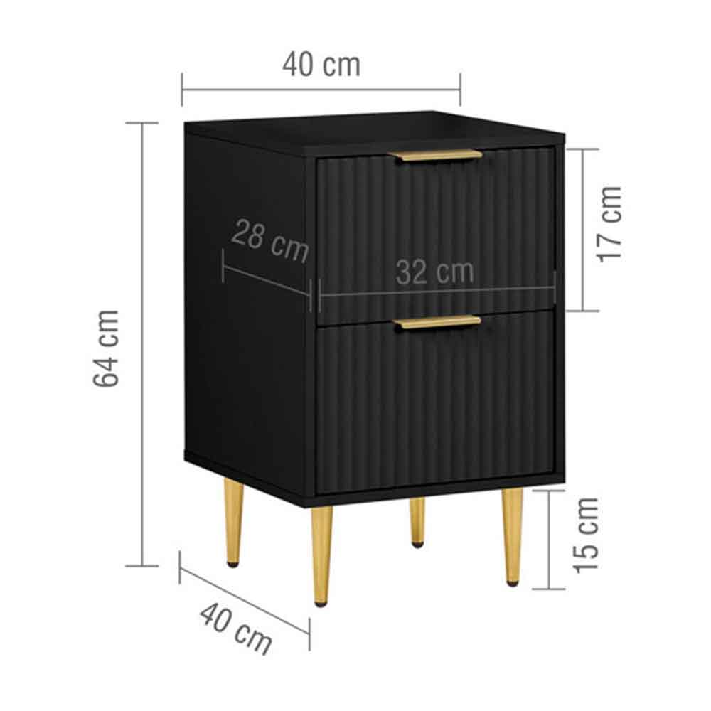 Solvian Wooden Fluted Bedside Cabinet with 2 Drawers in Black