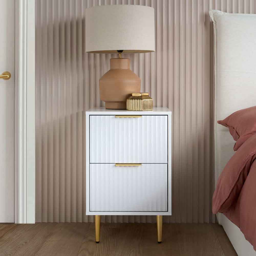 Solvian Wooden Fluted Bedside Cabinet with 2 Drawers in White