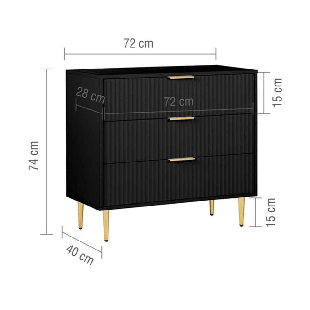 Solvian Wooden Fluted Chest Of 3 Drawers in Black