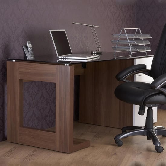 Read more about Sorbose black glass top laptop desk in walnut and white