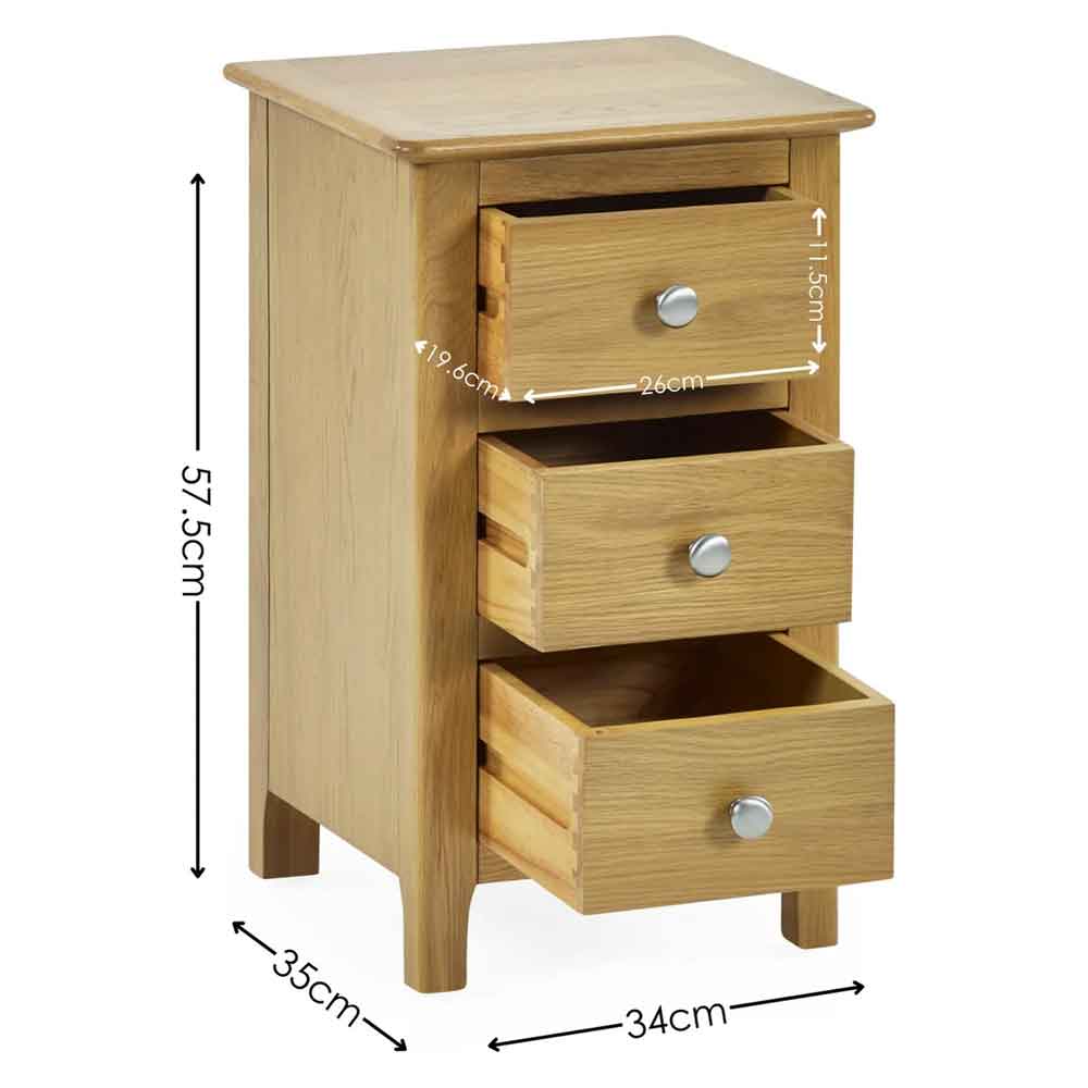 Sorrento Wooden Bedside Cabinet with 3 Drawers in Oak