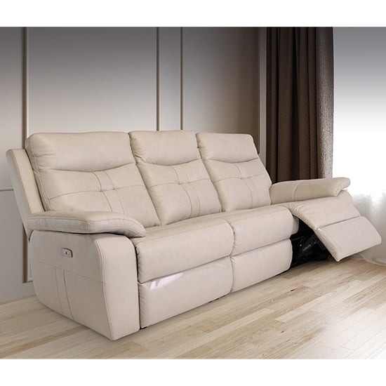 Sotra Faux Leather Electric Recliner 3 Seater Sofa In Stone