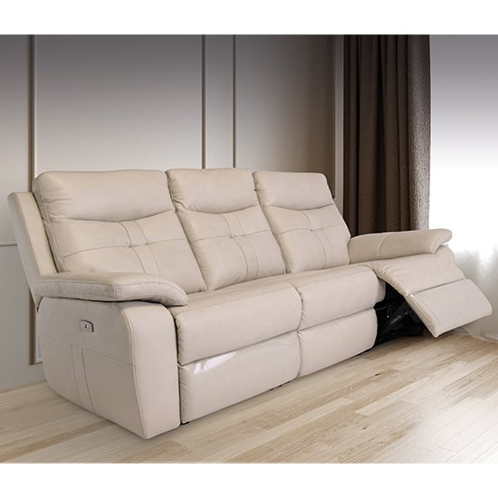 Product photograph of Sotra Faux Leather Electric Recliner 3 Seater Sofa In Stone from Furniture in Fashion