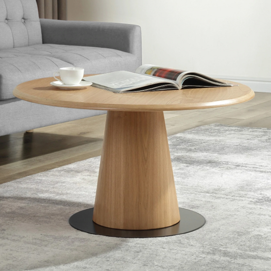 Product photograph of Sousse Round Wooden Coffee Table In Oak And Black from Furniture in Fashion