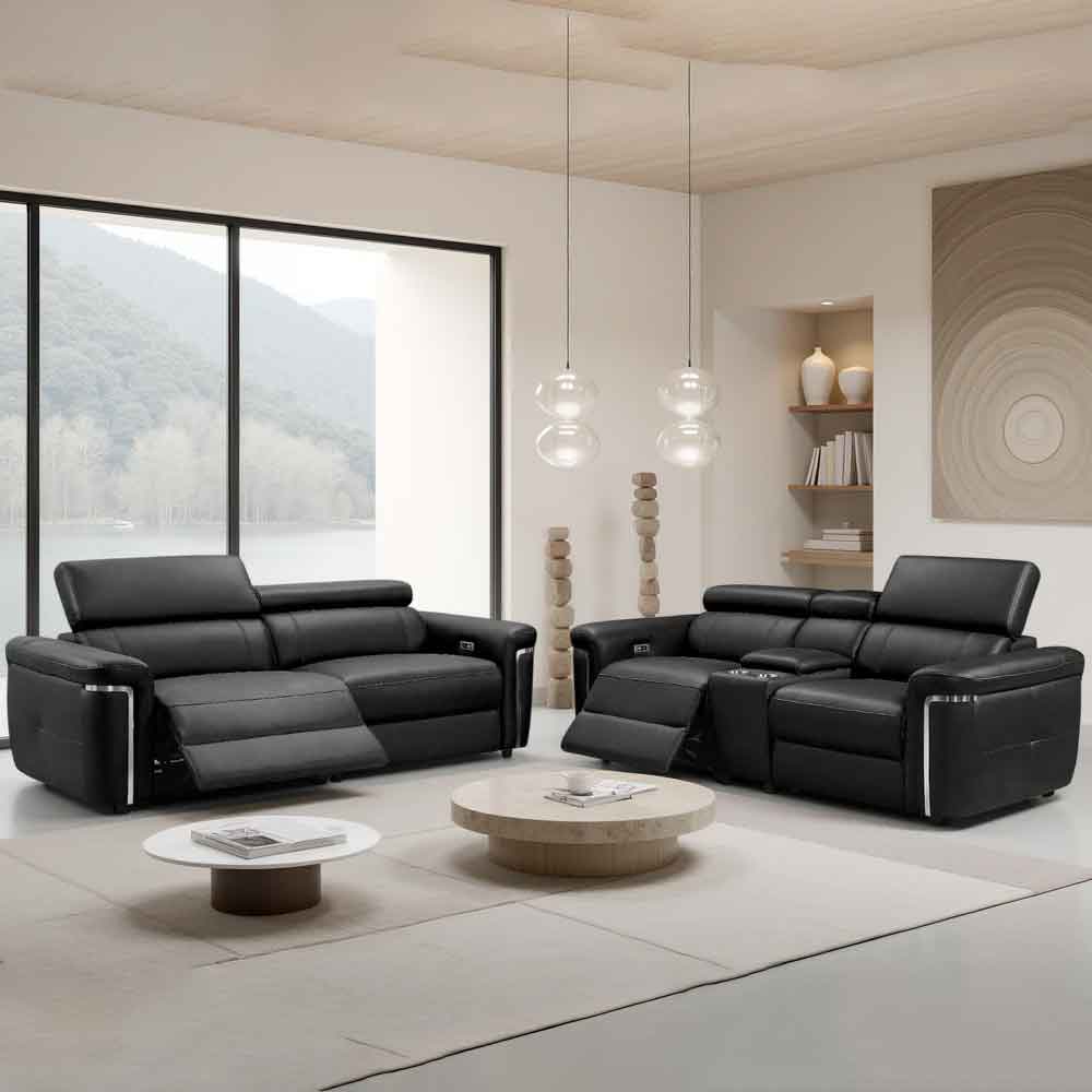 Southwark Leather Recliner 3+2 Seater Sofa Set In Black