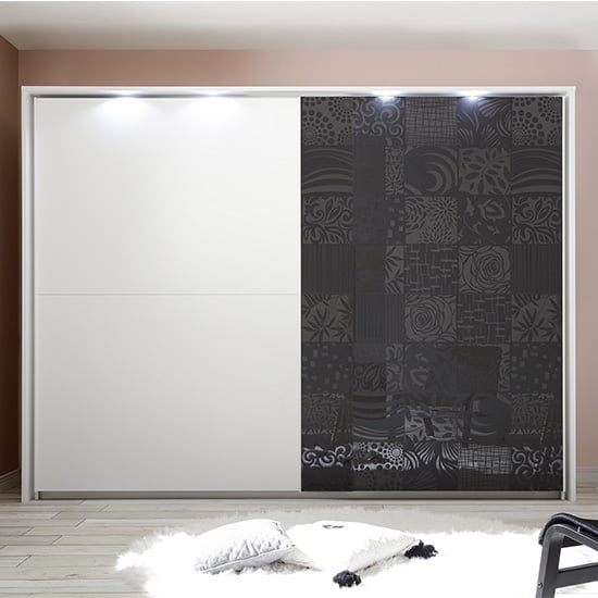 Photo of Soxa led sliding door wooden wardrobe in serigraphed grey