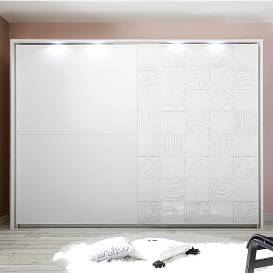 Product photograph of Soxa Led Sliding Door Wooden Wardrobe In Serigraphed White from Furniture in Fashion