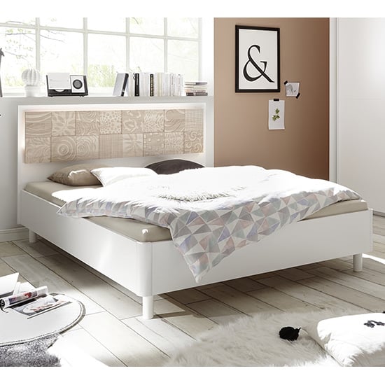 Read more about Soxa led wooden king size bed in serigraphed sonoma oak