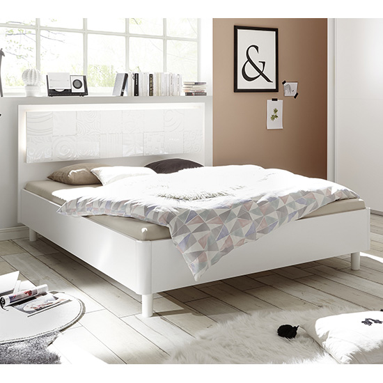 Photo of Soxa led wooden king size bed in serigraphed white