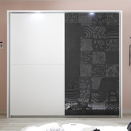 Photo of Soxa led wooden sliding door wardrobe in serigraphed grey