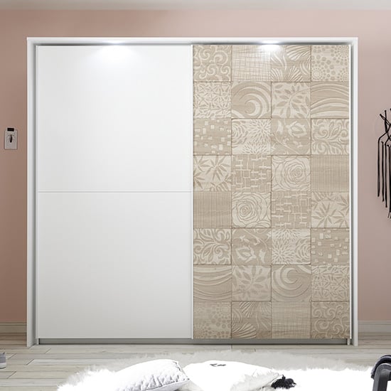 Read more about Soxa led wooden sliding door wardrobe in serigraphed sonoma oak