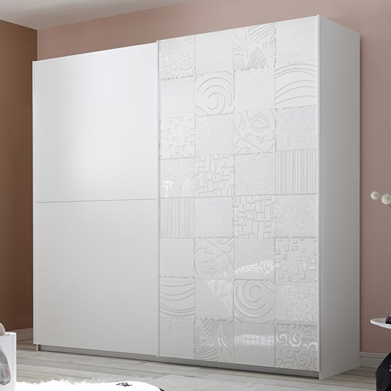 Product photograph of Soxa Wooden Sliding Door Wardrobe In Serigraphed White from Furniture in Fashion