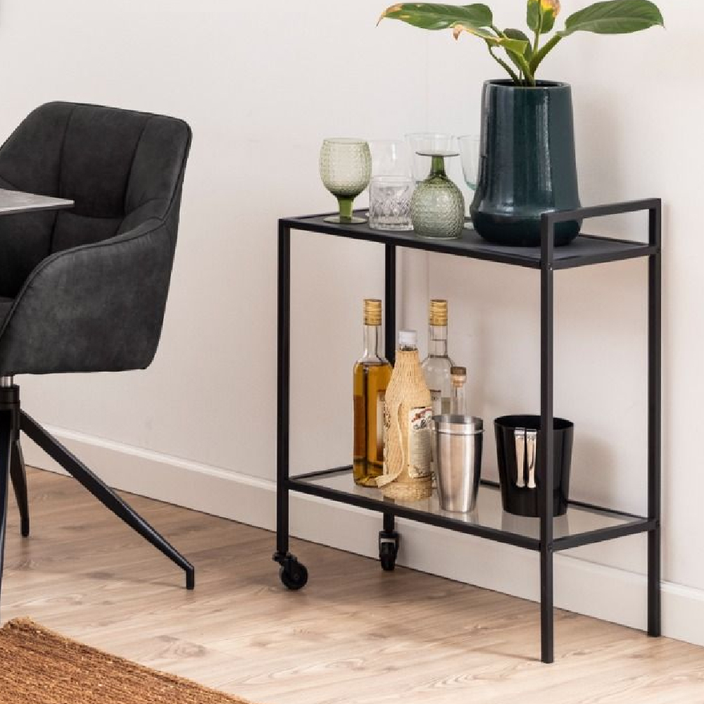 Read more about Sparks clear glass top drinks serving trolley with metal frame