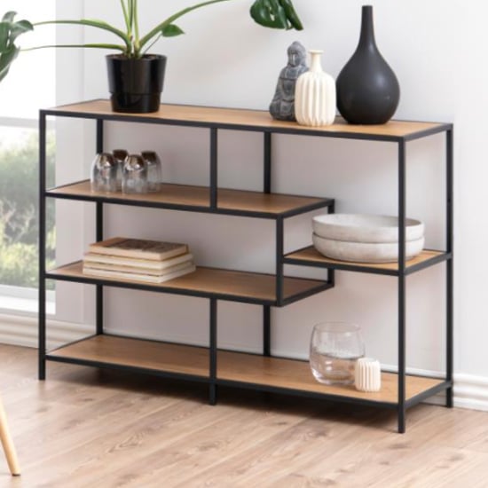 Read more about Sparks oak 4 shelves display stand with black metal frame