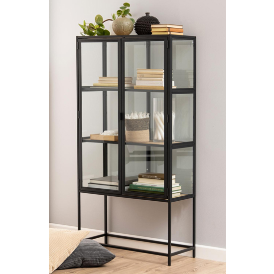 Product photograph of Sparks Oak Wooden 2 Shelves Display Cabinet In Black Frame from Furniture in Fashion
