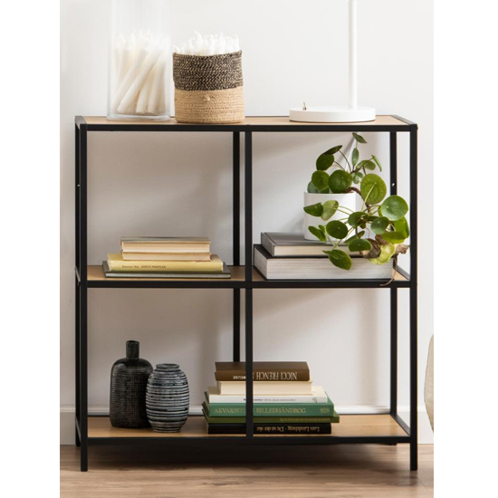 Sparks Oak Wooden 2 Shelves Display Stand With Black Frame