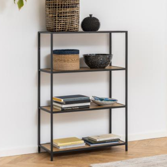 Read more about Sparks oak wooden 3 shelves display stand in black frame