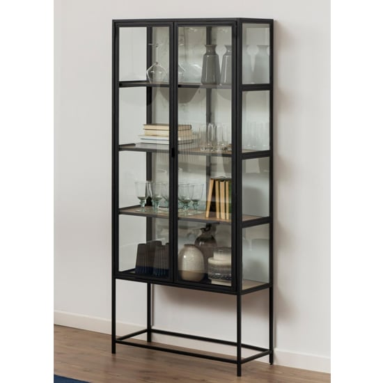 Read more about Sparks oak wooden 4 shelves display cabinet in black frame