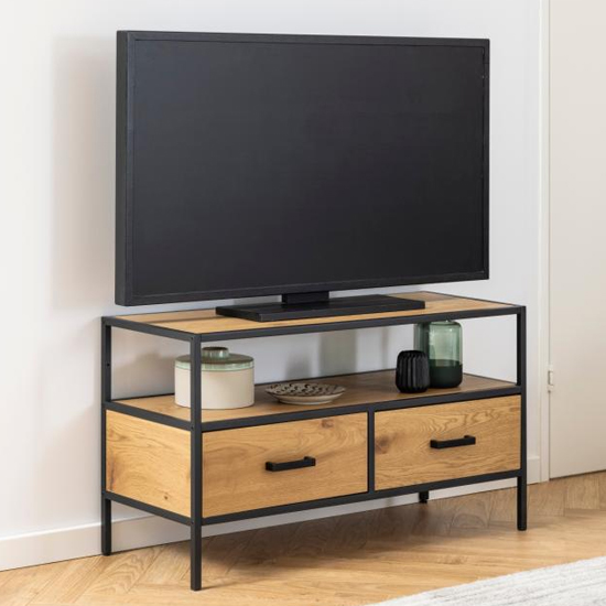Read more about Sparks wooden 2 drawers and shelf tv stand in matt wild oak