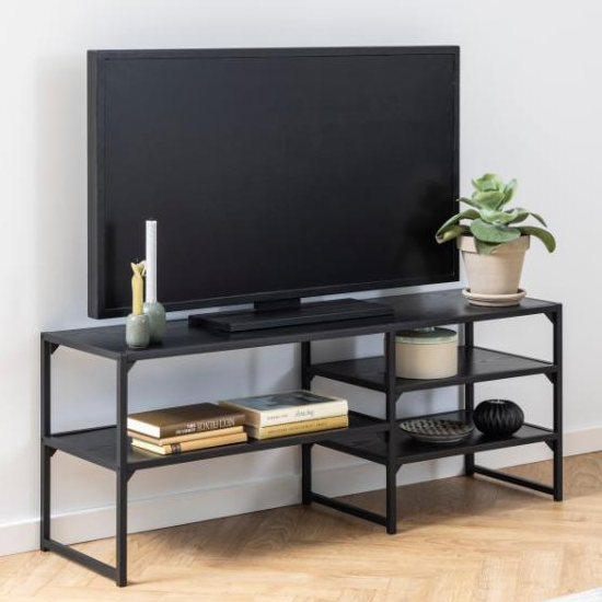 Sparks Wooden 3 Asymmetric Shelves TV Stand In Ash Black