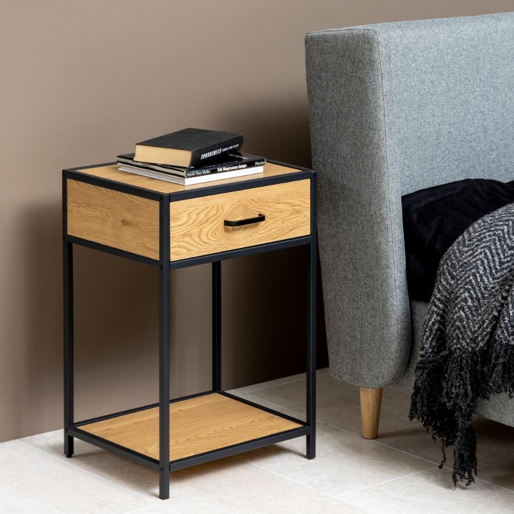 Read more about Sparks wooden bedside cabinet with 1 door in oak and black