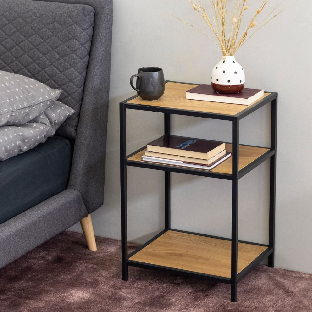 Read more about Sparks wooden bedside table with 2 shelves in oak and black