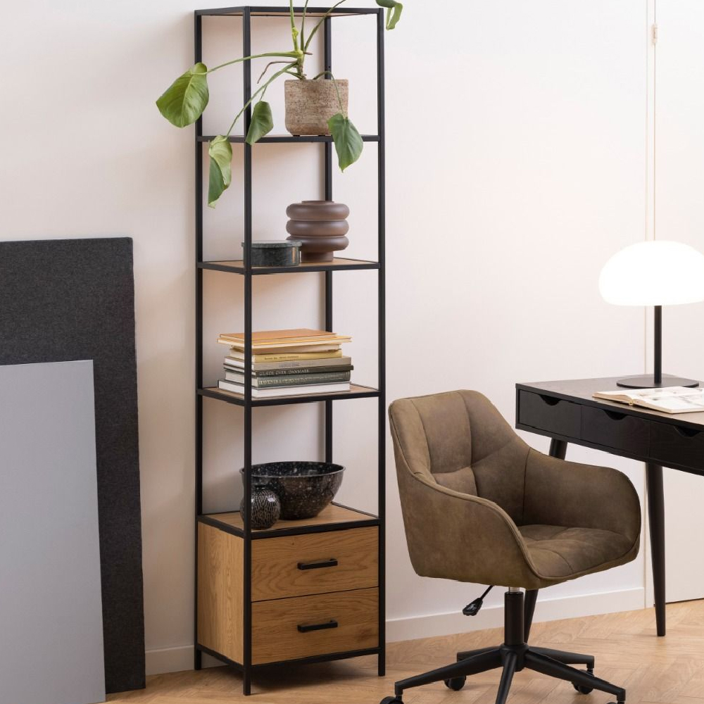 Read more about Sparks wooden bookcase with 2 drawers in oak and black