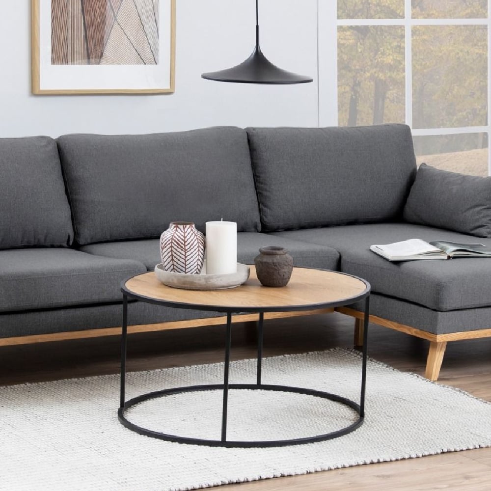 Read more about Sparks wooden coffee table round with black metal frame in oak