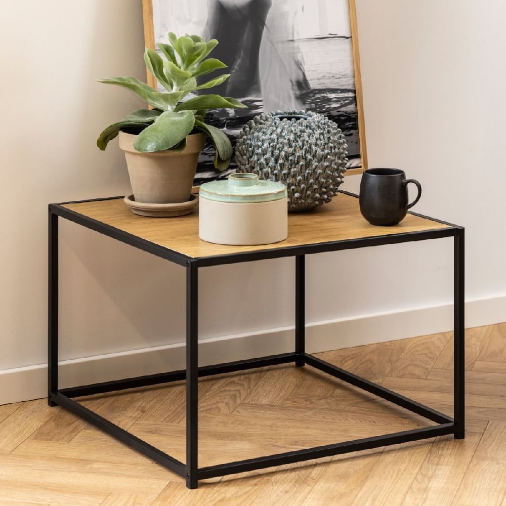 Read more about Sparks wooden coffee table square with black metal frame in oak