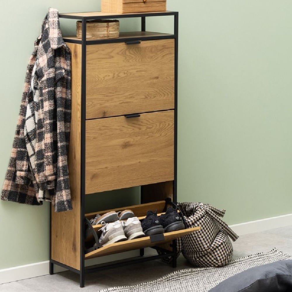 Read more about Sparks wooden shoe cabinet with 3 flip doors in oak and black