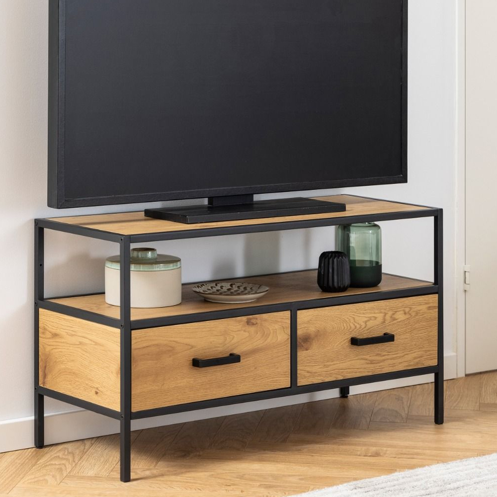 Read more about Sparks wooden tv stand with 2 drawers 1 shelf in oak and black