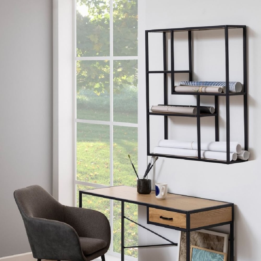Read more about Sparks wooden wall shelf with 4 shelves in oak and black