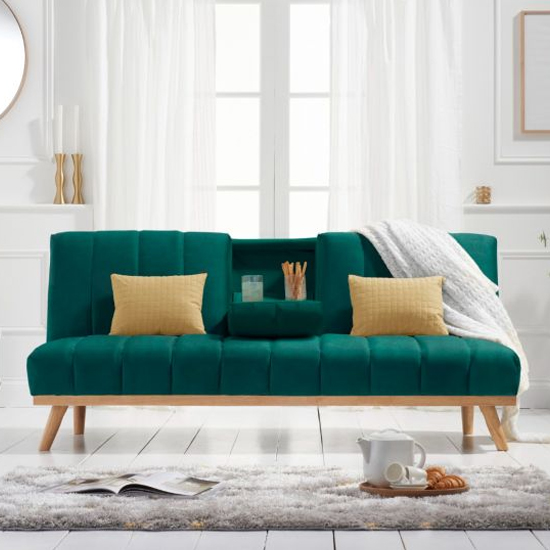 Spazzate Velvet 3 Seater Fold Down Sofa Bed In Green_2