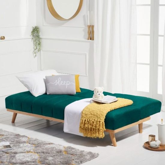 Spazzate Velvet 3 Seater Fold Down Sofa Bed In Green_4