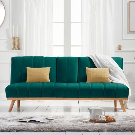 Spazzate Velvet 3 Seater Fold Down Sofa Bed In Green_1