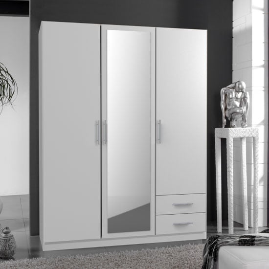 Spectral Mirrored 3 Doors Wardrobe In White With 2 Drawers
