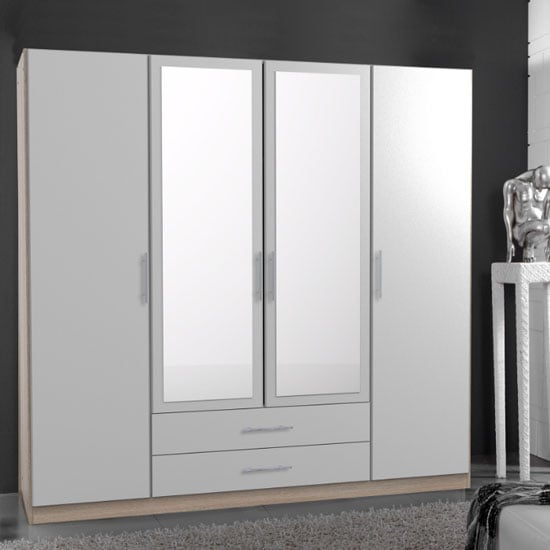 Spectral Mirrored 4 Door Wardrobe In White And Oak With 2 Drawer