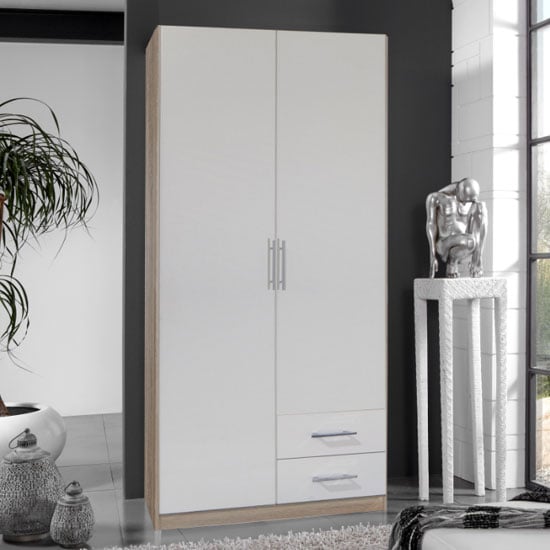 Spectral Wooden 2 Doors Wardrobe In White And Oak With 2 Drawers