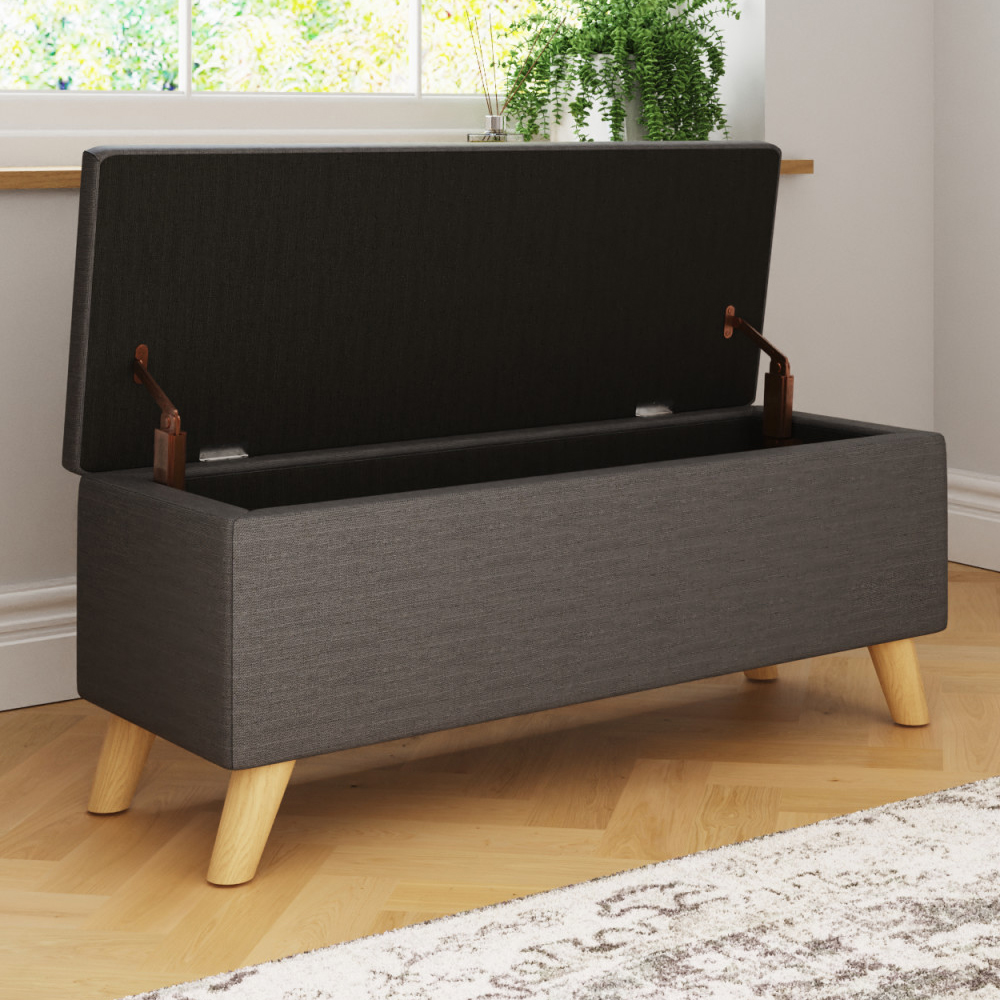 Speke Fabric Storage Ottoman In Charcoal Grey