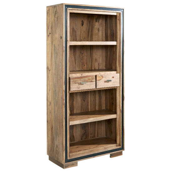 Spica Wooden Large Wide 2 Drawers Bookcase In Natural Sheesham_2