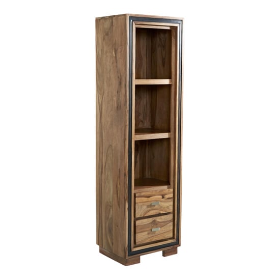 Read more about Spica wooden slim bookcase in natural sheesham with 2 drawers