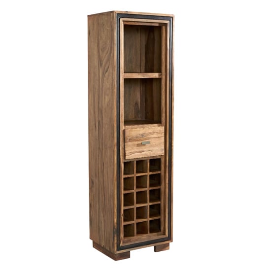 Photo of Spica wooden wine bookcase in natural sheesham with 2 drawers