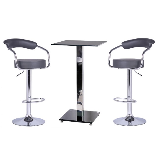 Spice Bar Table In Black Glass And 2 Zenith Grey Bar Stools