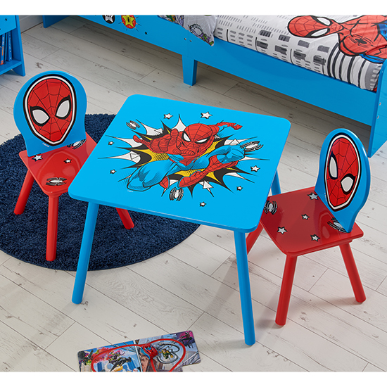 Read more about Spider-man childrens wooden table and 2 chairs in blue