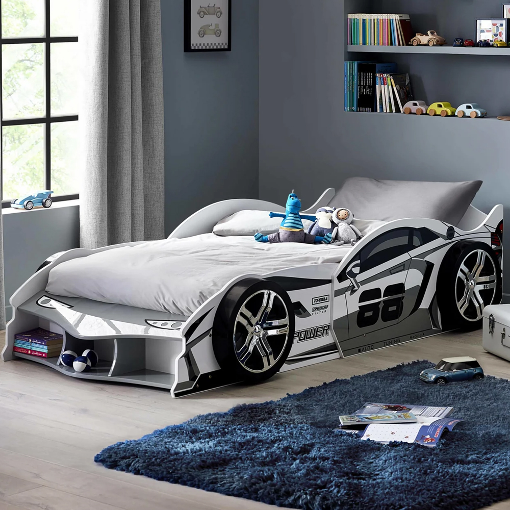 Spindale High Gloss Kids Racer Car Bed - White And Grey