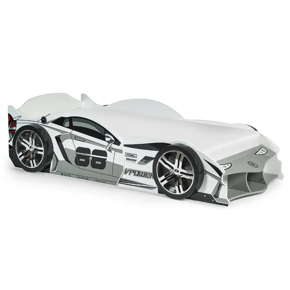 Spindale High Gloss Kids Racer Car Bed - White And Grey