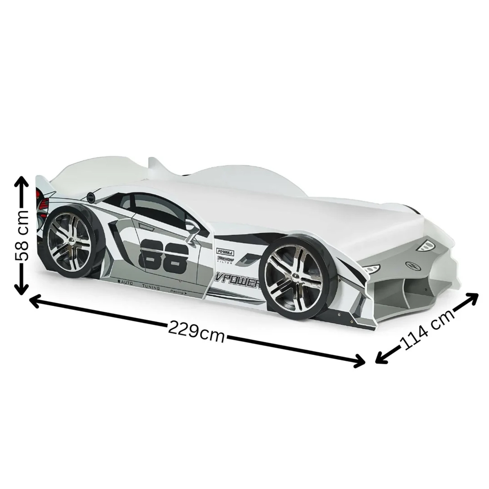 Spindale High Gloss Kids Racer Car Bed - White And Grey