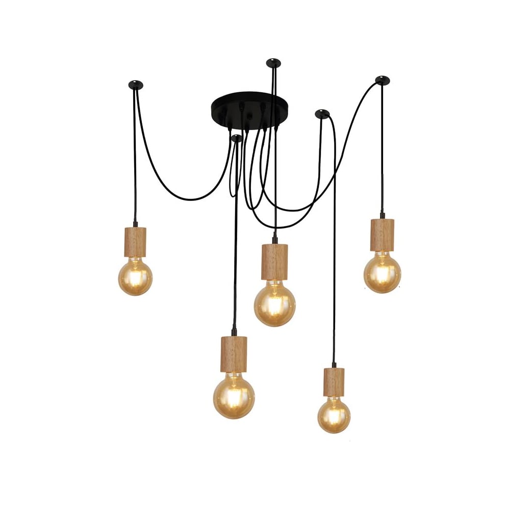 Read more about Spinny 5 light pendant light in wood and matt black