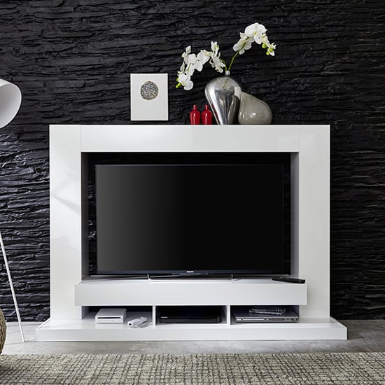 Read more about Stamford entertainment unit in white gloss fronts with shelving